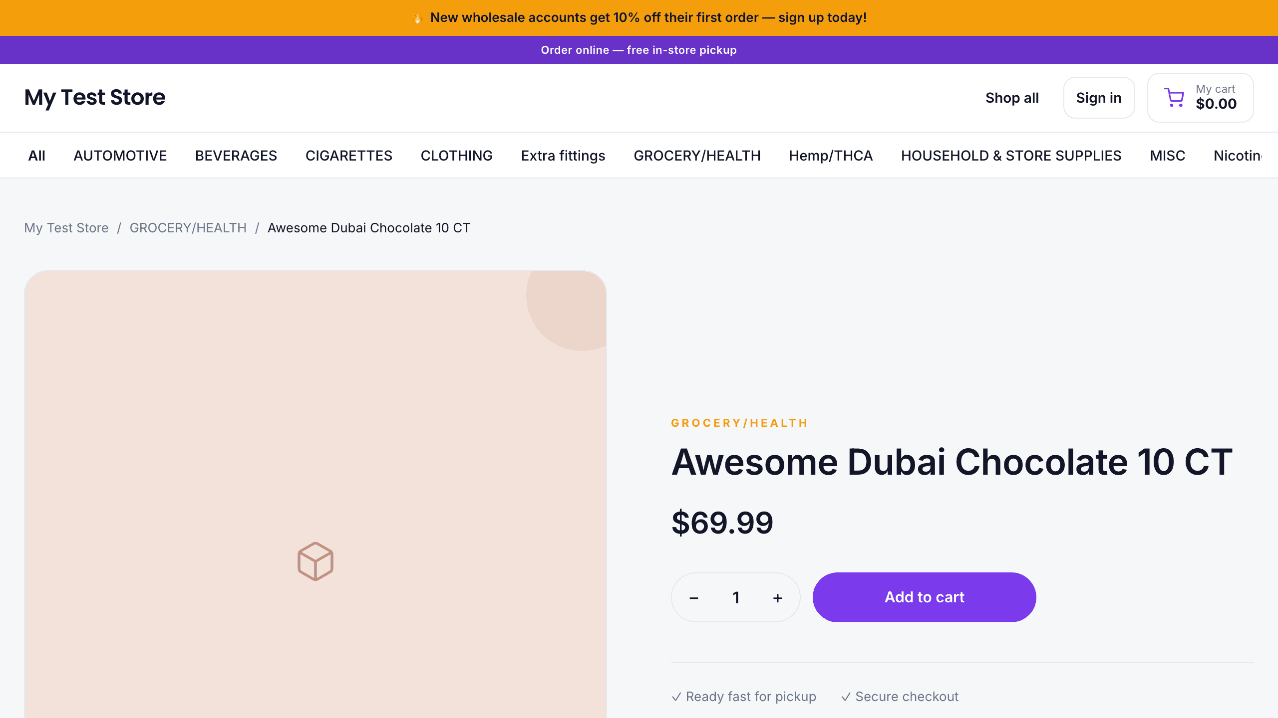 A storefront product page with a photo, price and add-to-cart